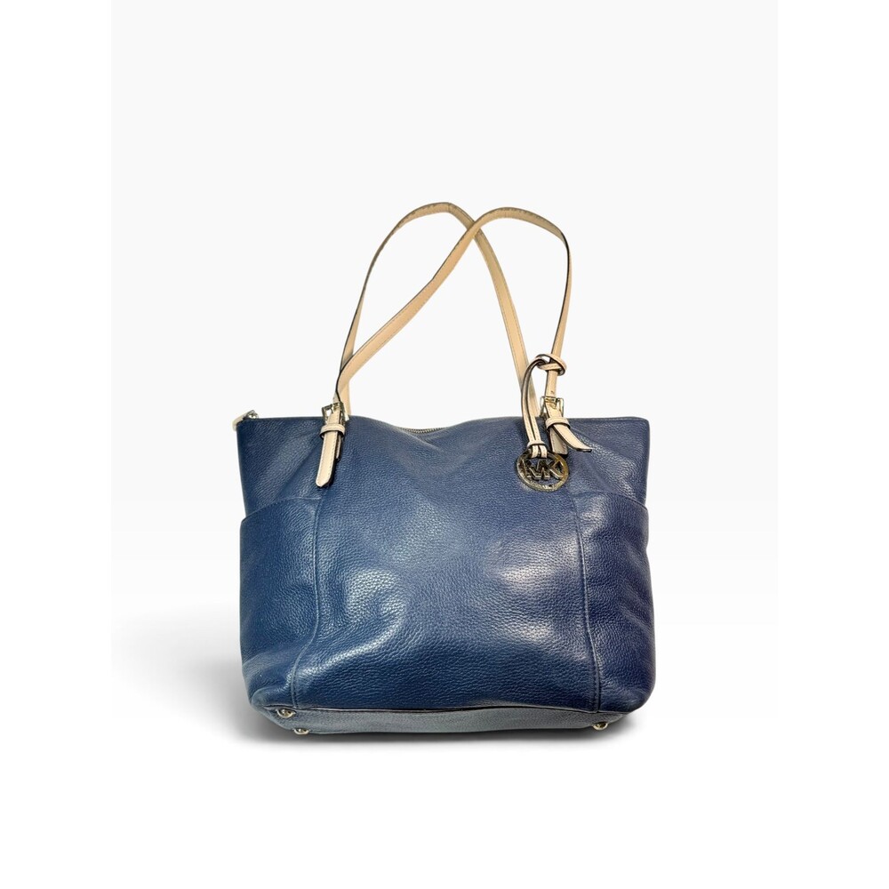 Michael Kors Navy Blue Leather Tote Shoulder Bag Beige Straps Med MK Charm